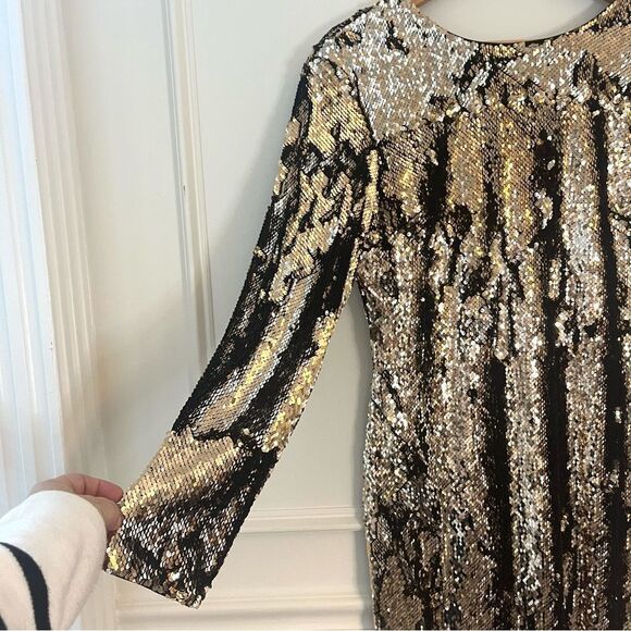 Dress The Population Natalie Long Sleep Low Back Sequin Dress Gold, Size XL, NWT - Picture 5 of 14